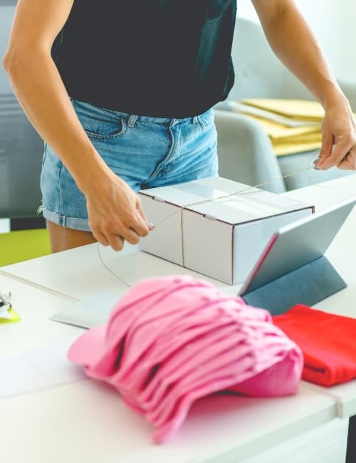 Folded pink t-shirts being packed into a box for despatch